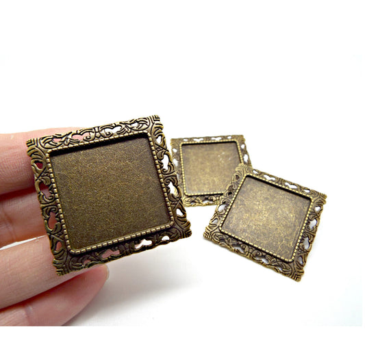 3 BRONZE BROOCH SETTINGS Cabochon Pendant or Brooch Blank with a Square Bezel Setting