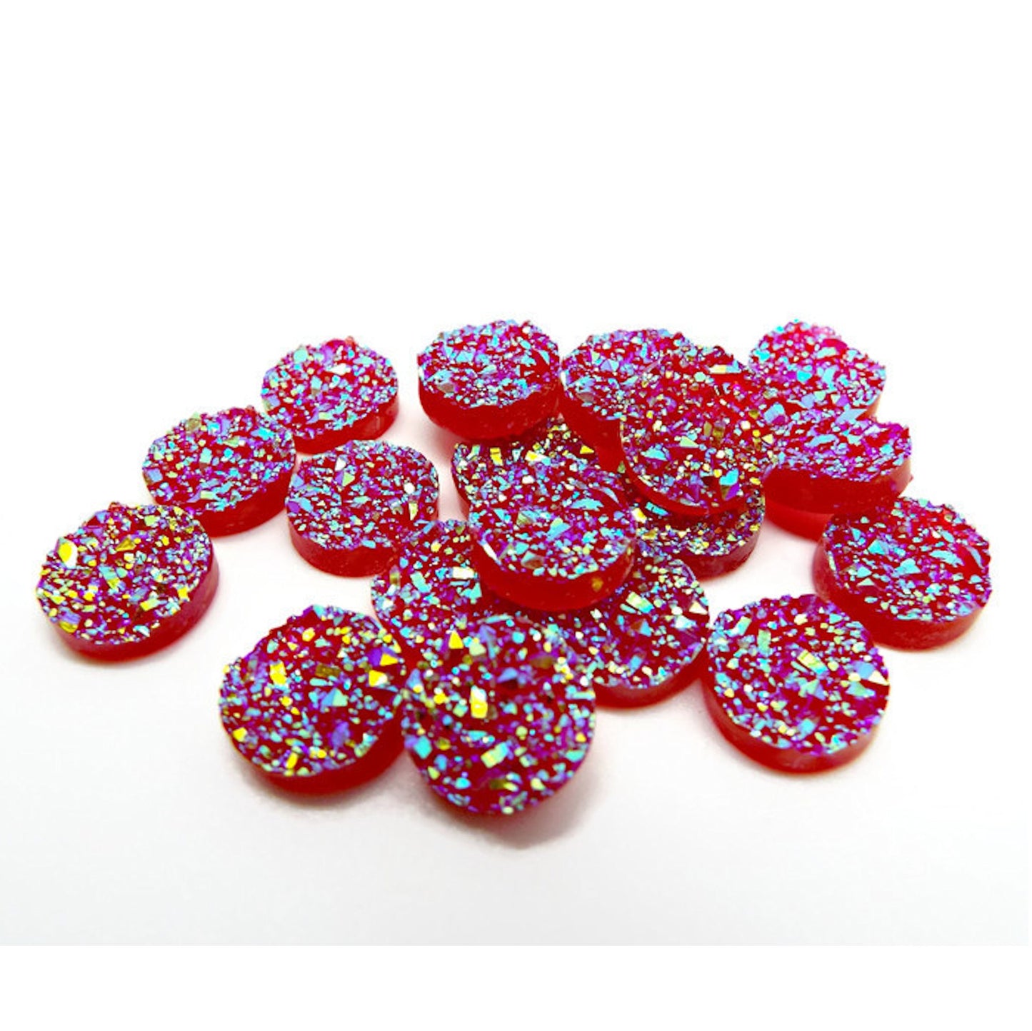 RED FAUX Druzy Cabochons, Pack of 20 Round Resin Cabs, 12mm Flatback Sparkle Embellishment