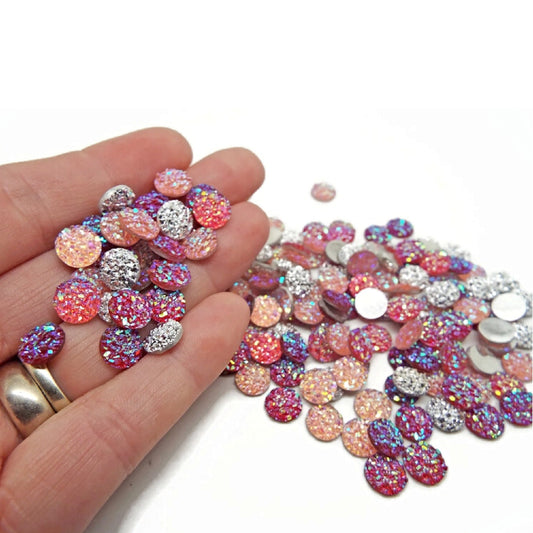 100 Faux Druzy Resin Cabochons, 8mm Flatback Round in Pinks and Silver Mix, Sparkle Embellishments for Jewelry and Crafting