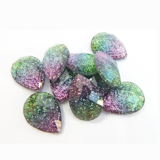 10 TEARDROP Glitter Cabochons in Green and Pink, Faceted Kawaii Resin Sparkle Cabs, 18mm