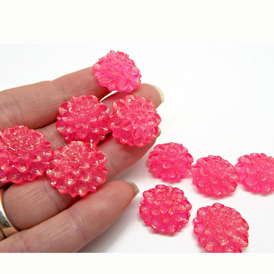 20 PINK RESIN Glitter Flower Cabochons for Jewellery and Crafting, 20mm Flatback Decoration