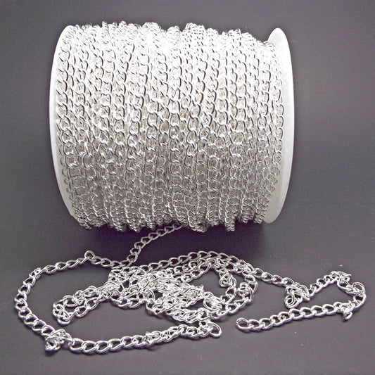 5M Silver Tone Iron Curb Chain, 6x4x1mm Link, Metal Findings for Jewellery Crafting