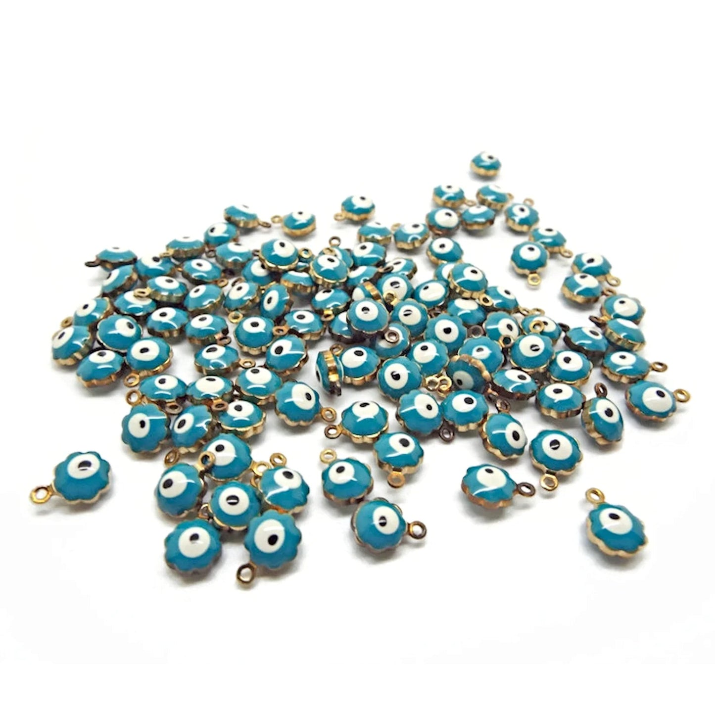 100 Small Evil Eye Charms, Antique Bronze Style with Turquoise Enamel Eye and 1mm Hole