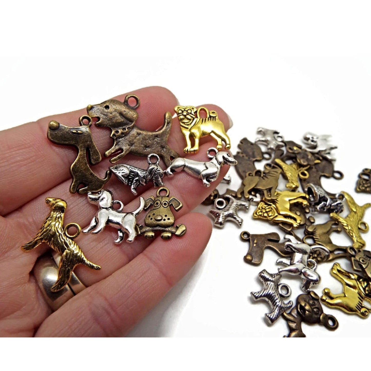 20 MIXED DOG CHARMS in Gold, Silver, Copper & Bronze, Metal Animal Jewelry, Keyring or Bag Charm Supplies