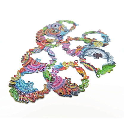 10 Blue Multicoloured Charms in an Irregular Filigree Style, 23x20mm Thin and Lightweight