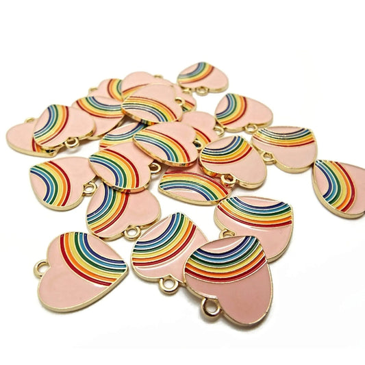 10 Pink Rainbow Heart Pendants 20x18mm for Jewellery, Keyrings & Bag Charms