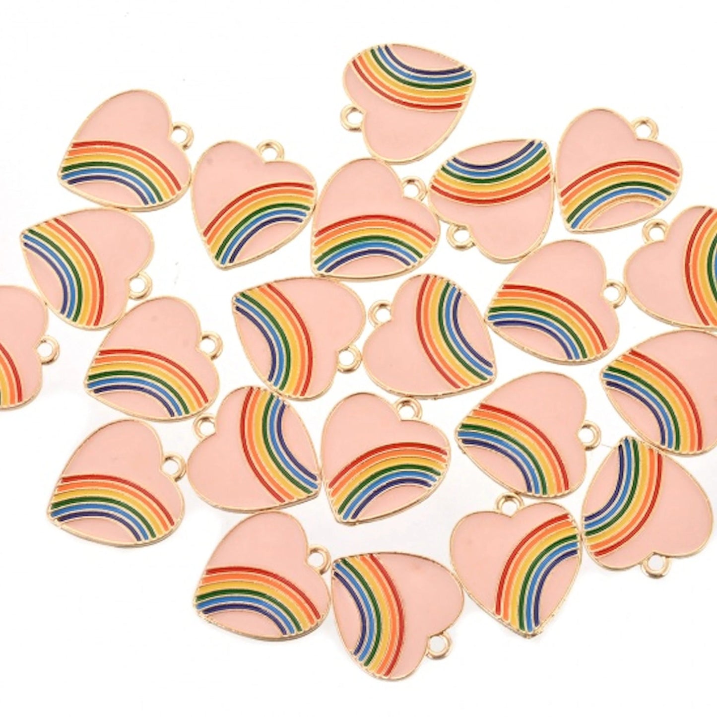 10 Pink Rainbow Heart Pendants 20x18mm for Jewellery, Keyrings & Bag Charms