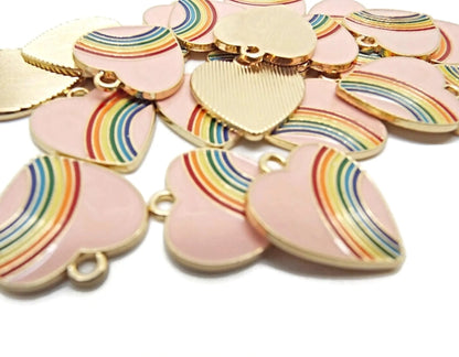 10 Pink Rainbow Heart Pendants 20x18mm for Jewellery, Keyrings & Bag Charms