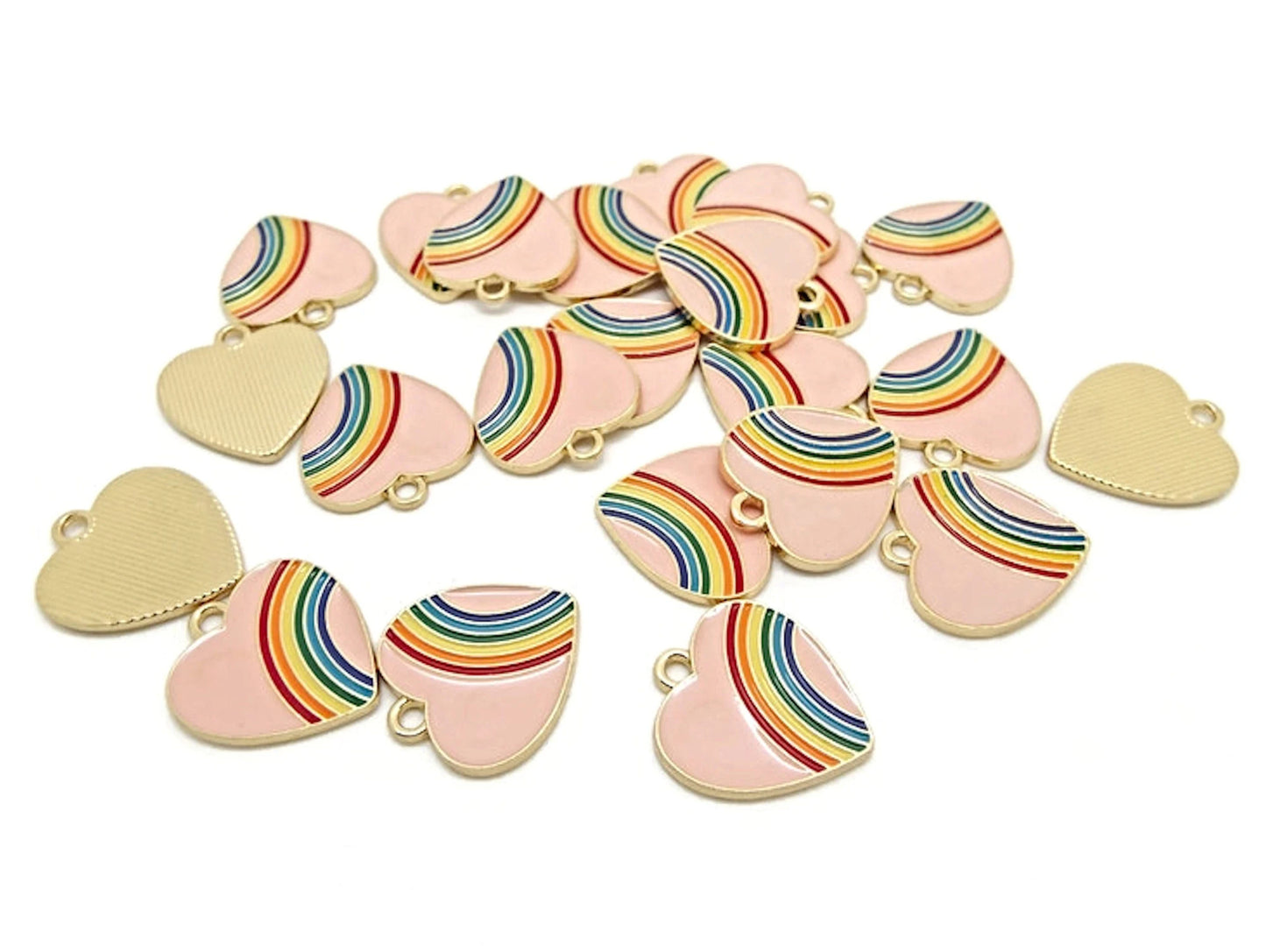 10 Pink Rainbow Heart Pendants 20x18mm for Jewellery, Keyrings & Bag Charms