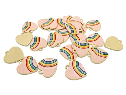 10 Pink Rainbow Heart Pendants 20x18mm for Jewellery, Keyrings & Bag Charms