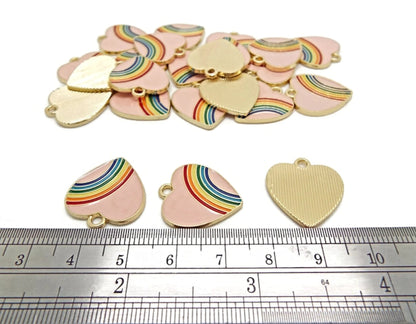 10 Pink Rainbow Heart Pendants 20x18mm for Jewellery, Keyrings & Bag Charms