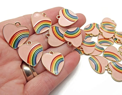 10 Pink Rainbow Heart Pendants 20x18mm for Jewellery, Keyrings & Bag Charms