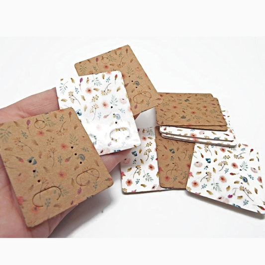 EARRING DISPLAY CARDS 5x4cm in Brown or White with Flower Decoration for Hanging