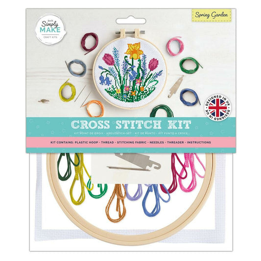 SPRING GARDEN Cross Stitch Starter Kit, Full Kit With 20cm Plastic Hoop, Daffodil and Tulip Embroidery Kit