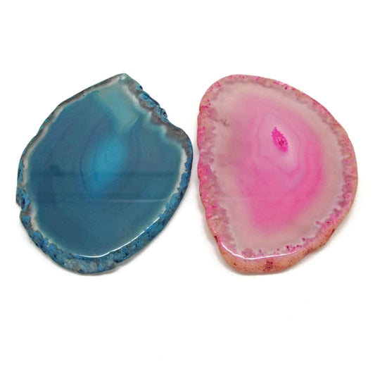 2 Large Agate Slice Pendants in Pink and Blue, 78mm Semi Precious Gemstone for Jewellery Crafts