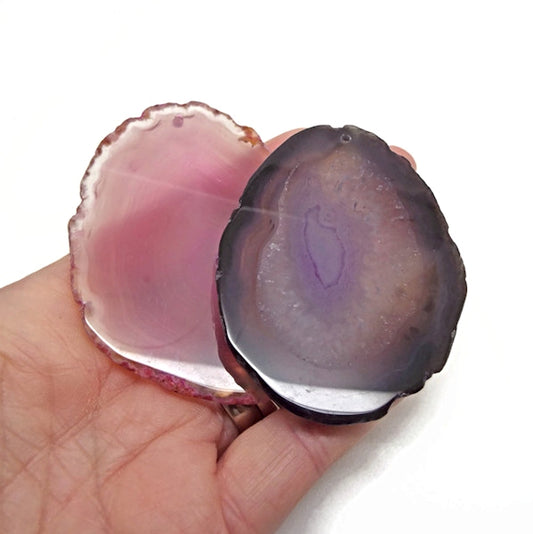 2 Large Agate Slice Pendants in Pink and Dark Purple, 68-70mm Semi Precious Gemstone for Jewellery Crafts