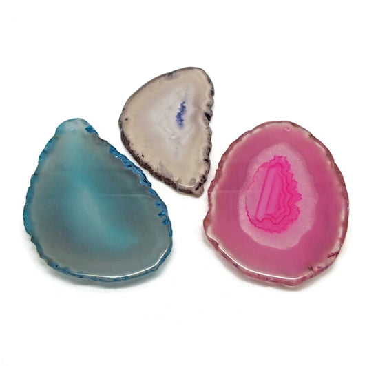 3 Agate Slice Pendants in Pink Blue and Dark Purple, 64-70mm Semi Precious Stone for Jewellery Crafts