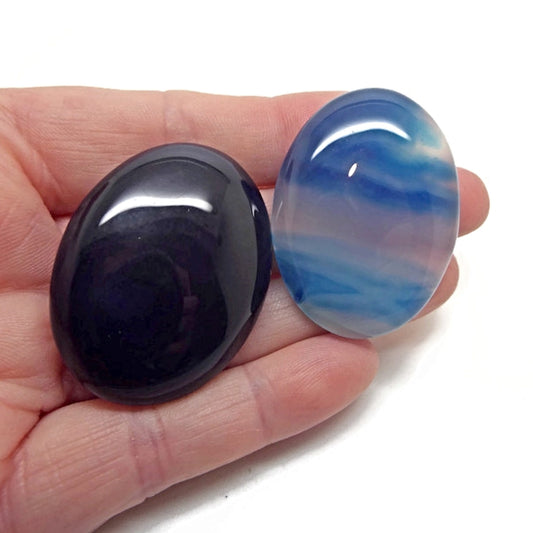 2x 40x30mm Blue Agate Oval Cabochons, Flatback Wire Wrapping Stone