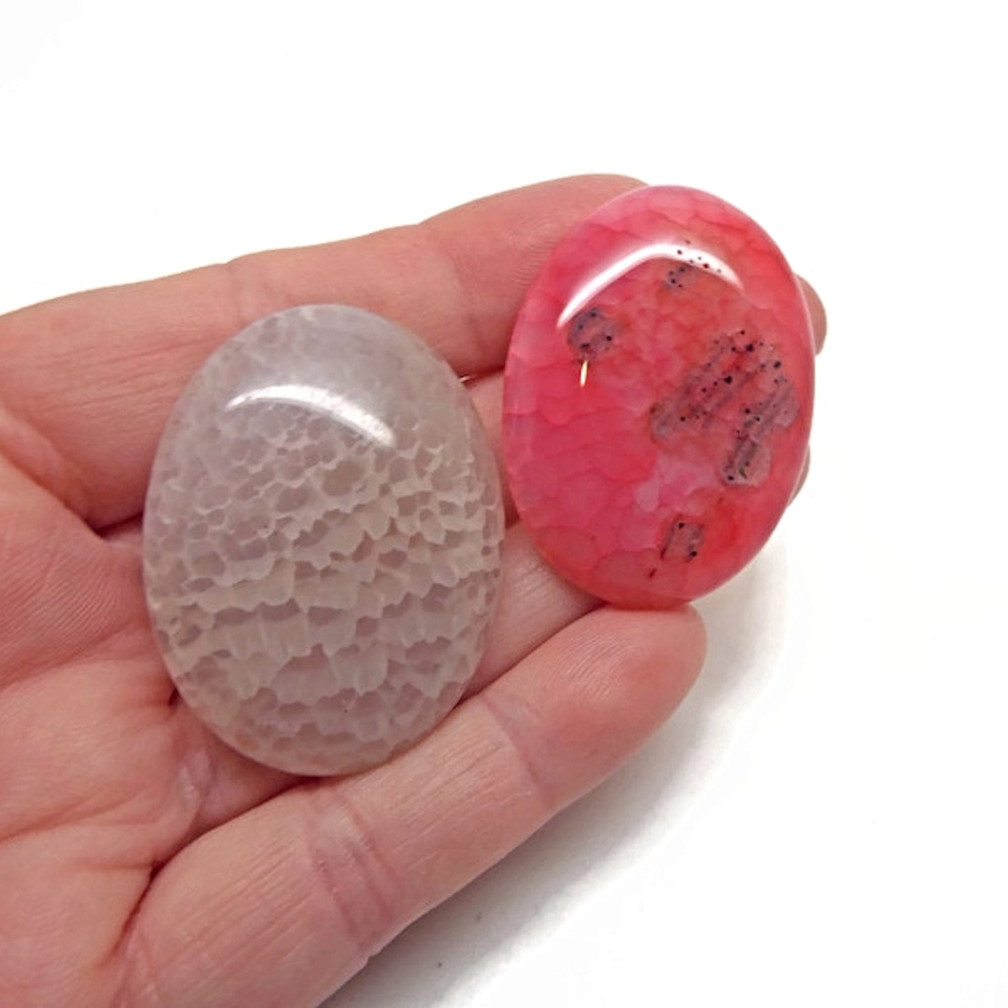 2 Agate Cabochons, 40x30mm, Pink Grey Crackle Agate Jewellery Gemstones