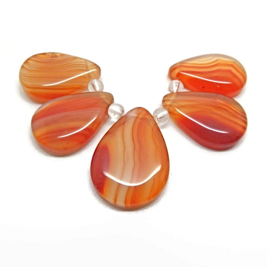 Set of 5 Orange Banded Agate Teardrop Pendants for Gemstone Jewellery Making