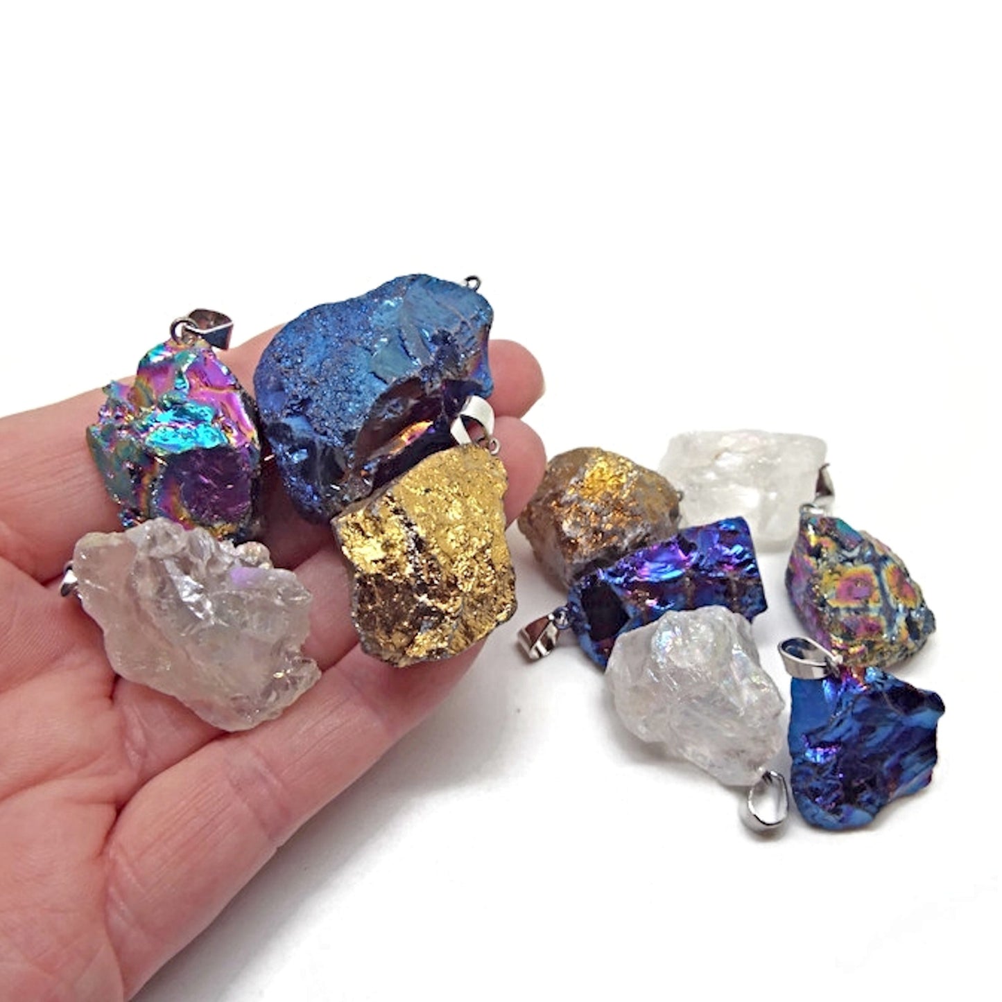 10x Electroplated Quartz Crystal Pendants for Jewellery Making in Mixed Colours