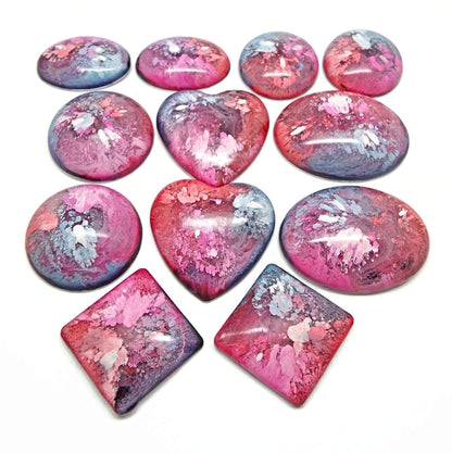 12 Colourful Cabochons for Jewellery and Crafts, Handmade with Resin & Inks in Pinks, Reds & Blues