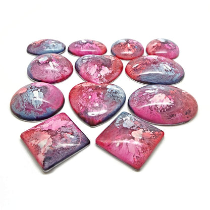 12 Colourful Cabochons for Jewellery and Crafts, Handmade with Resin & Inks in Pinks, Reds & Blues