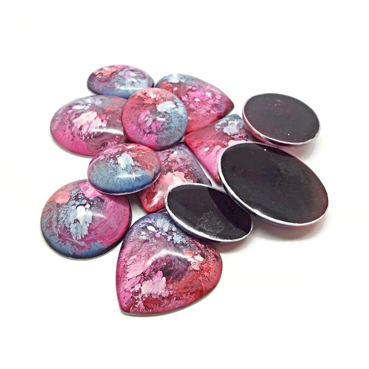 12 Colourful Cabochons for Jewellery and Crafts, Handmade with Resin & Inks in Pinks, Reds & Blues