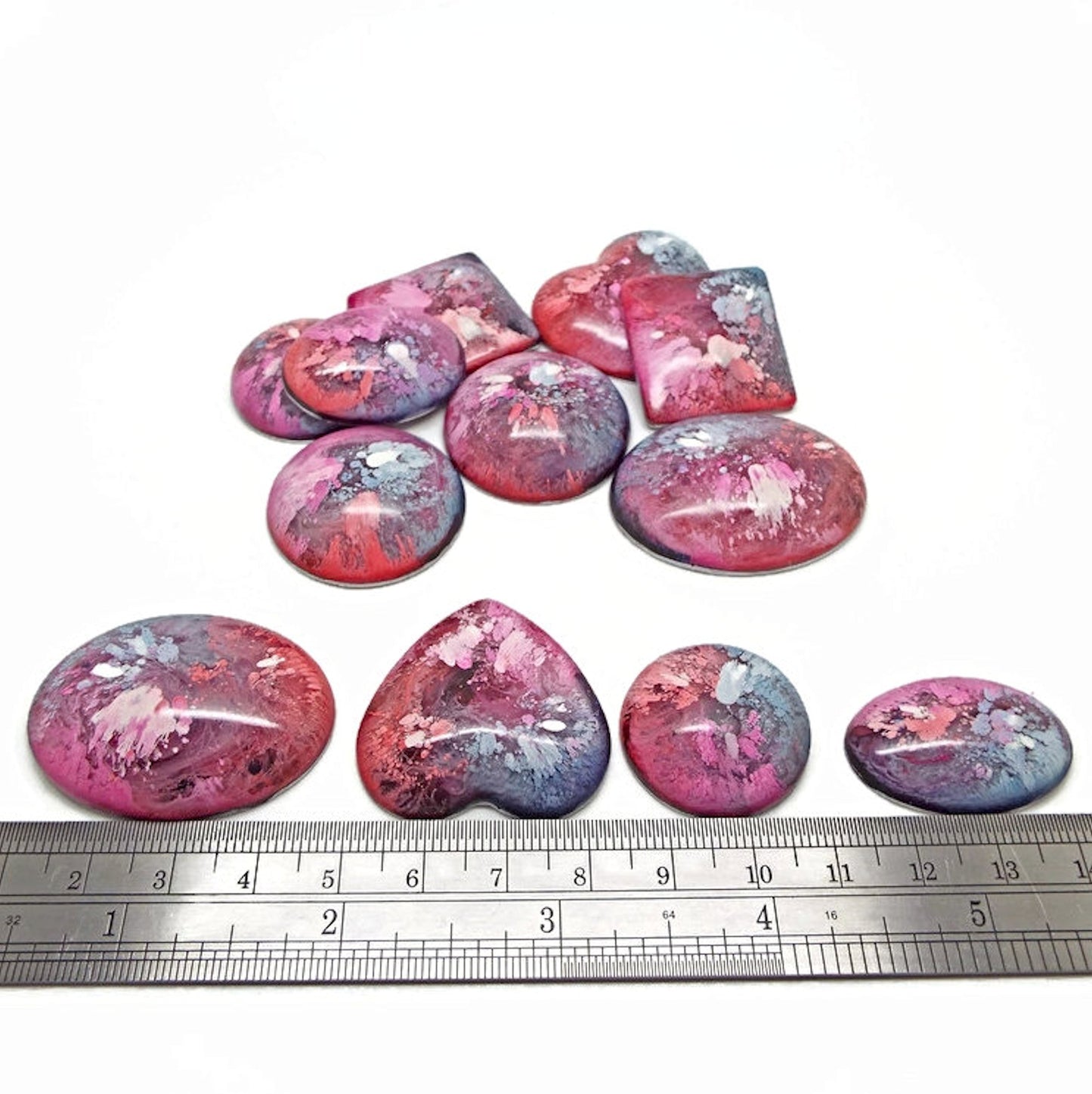 12 Colourful Cabochons for Jewellery and Crafts, Handmade with Resin & Inks in Pinks, Reds & Blues