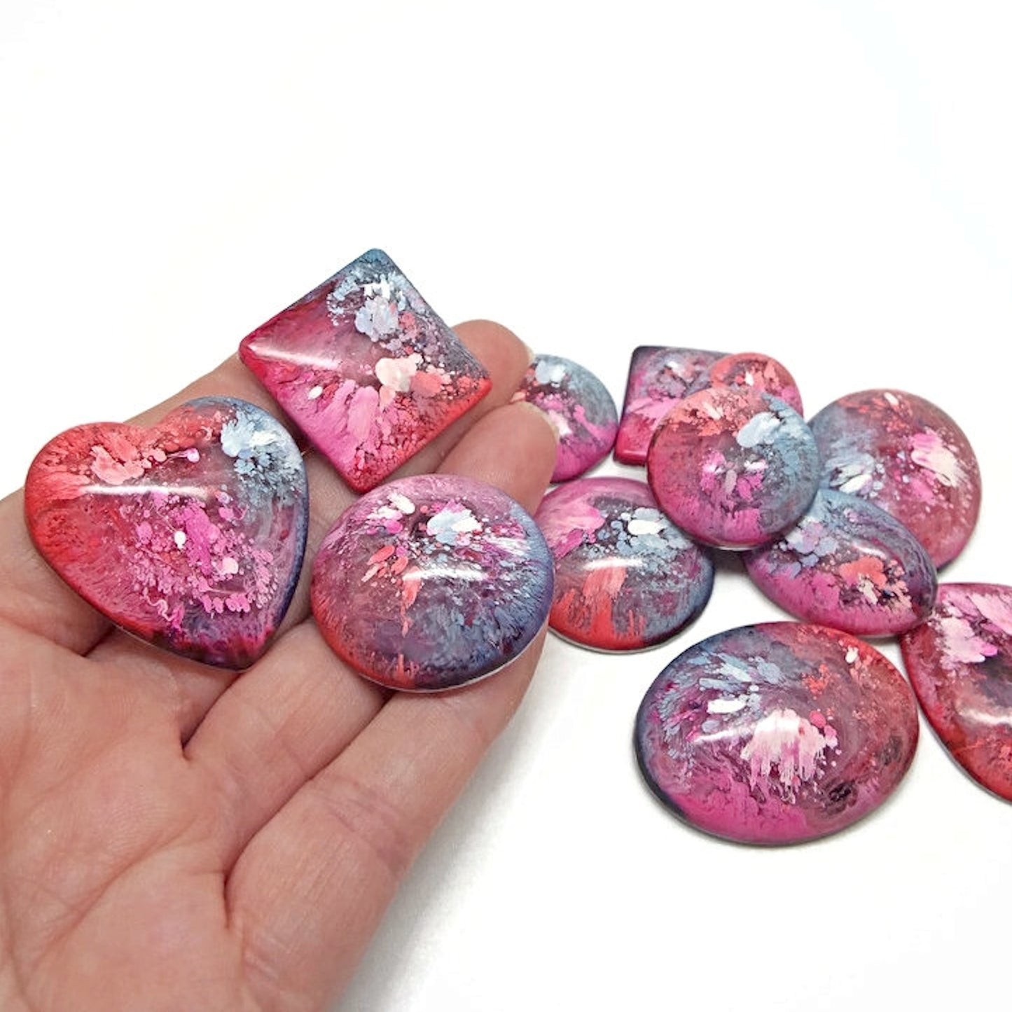 12 Colourful Cabochons for Jewellery and Crafts, Handmade with Resin & Inks in Pinks, Reds & Blues