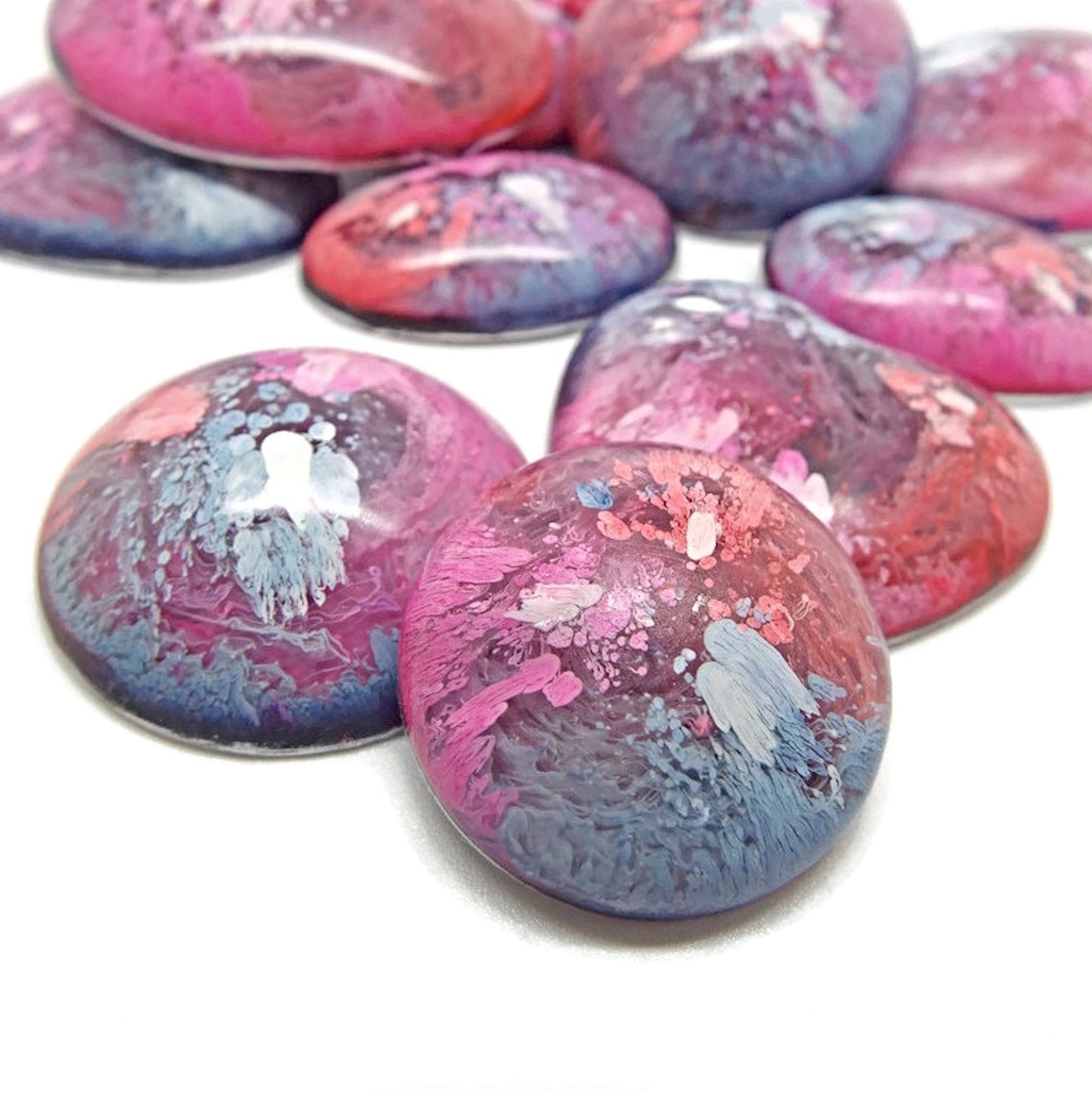 12 Colourful Cabochons for Jewellery and Crafts, Handmade with Resin & Inks in Pinks, Reds & Blues