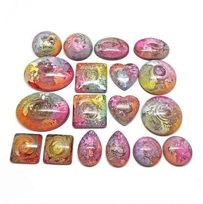 18 Rainbow Resin & Ink Cabochons for Jewellery Making & Crafting, Handmade Craft Supply