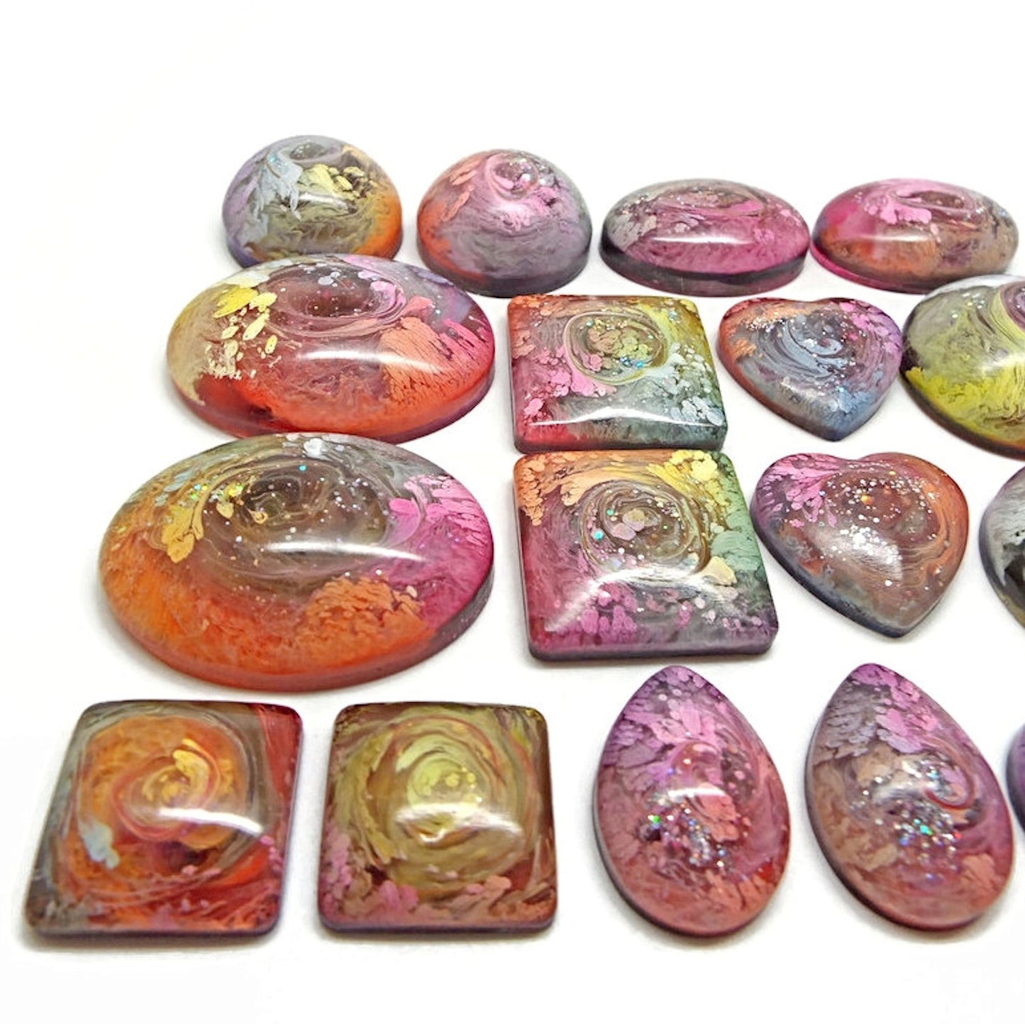 18 Rainbow Resin & Ink Cabochons for Jewellery Making & Crafting, Handmade Craft Supply