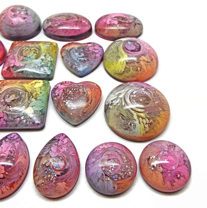 18 Rainbow Resin & Ink Cabochons for Jewellery Making & Crafting, Handmade Craft Supply