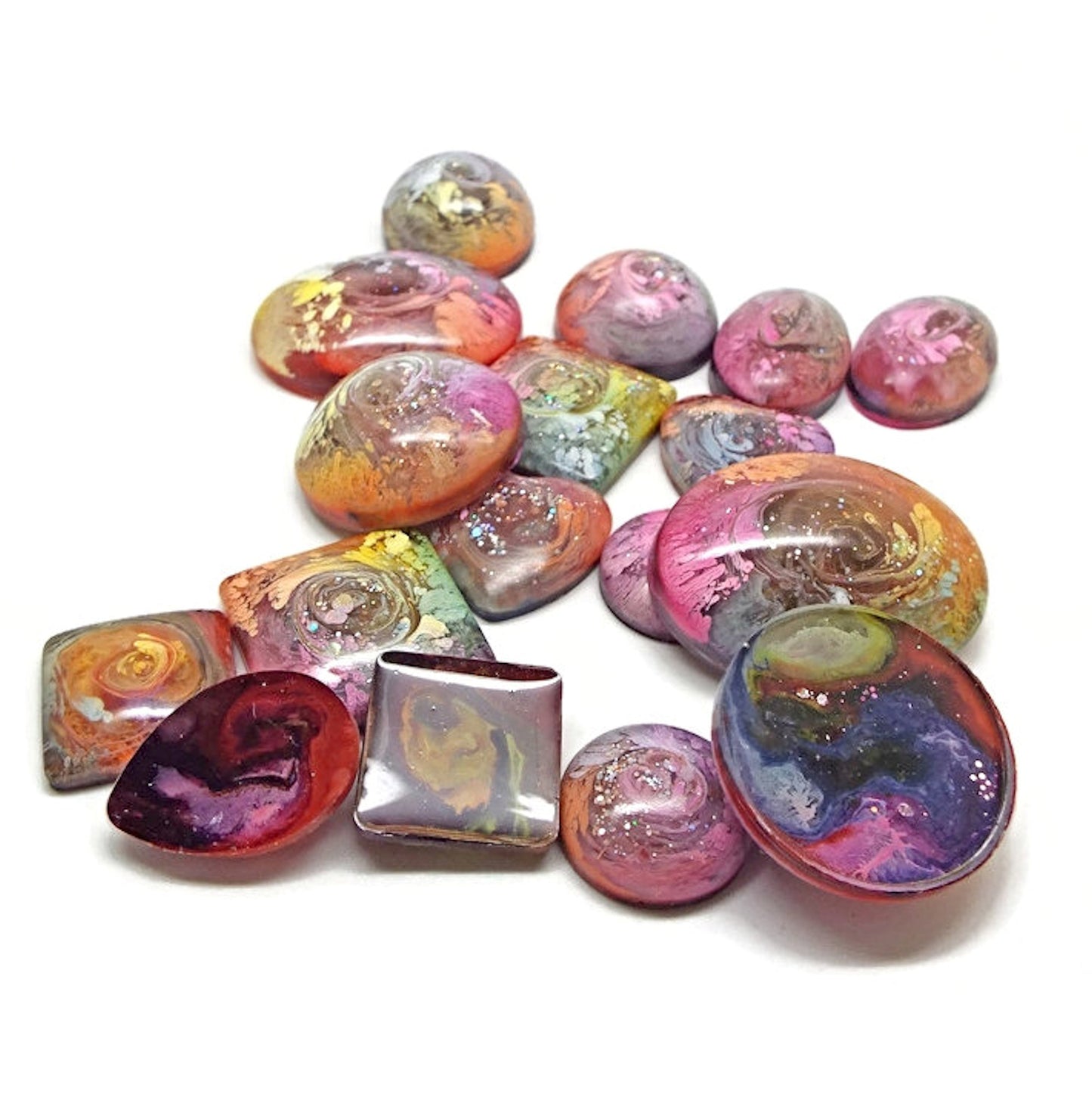 18 Rainbow Resin & Ink Cabochons for Jewellery Making & Crafting, Handmade Craft Supply