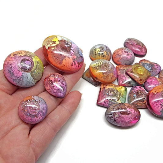 18 Rainbow Resin & Ink Cabochons for Jewellery Making & Crafting, Handmade Craft Supply