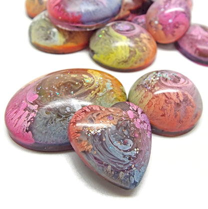 18 Rainbow Resin & Ink Cabochons for Jewellery Making & Crafting, Handmade Craft Supply