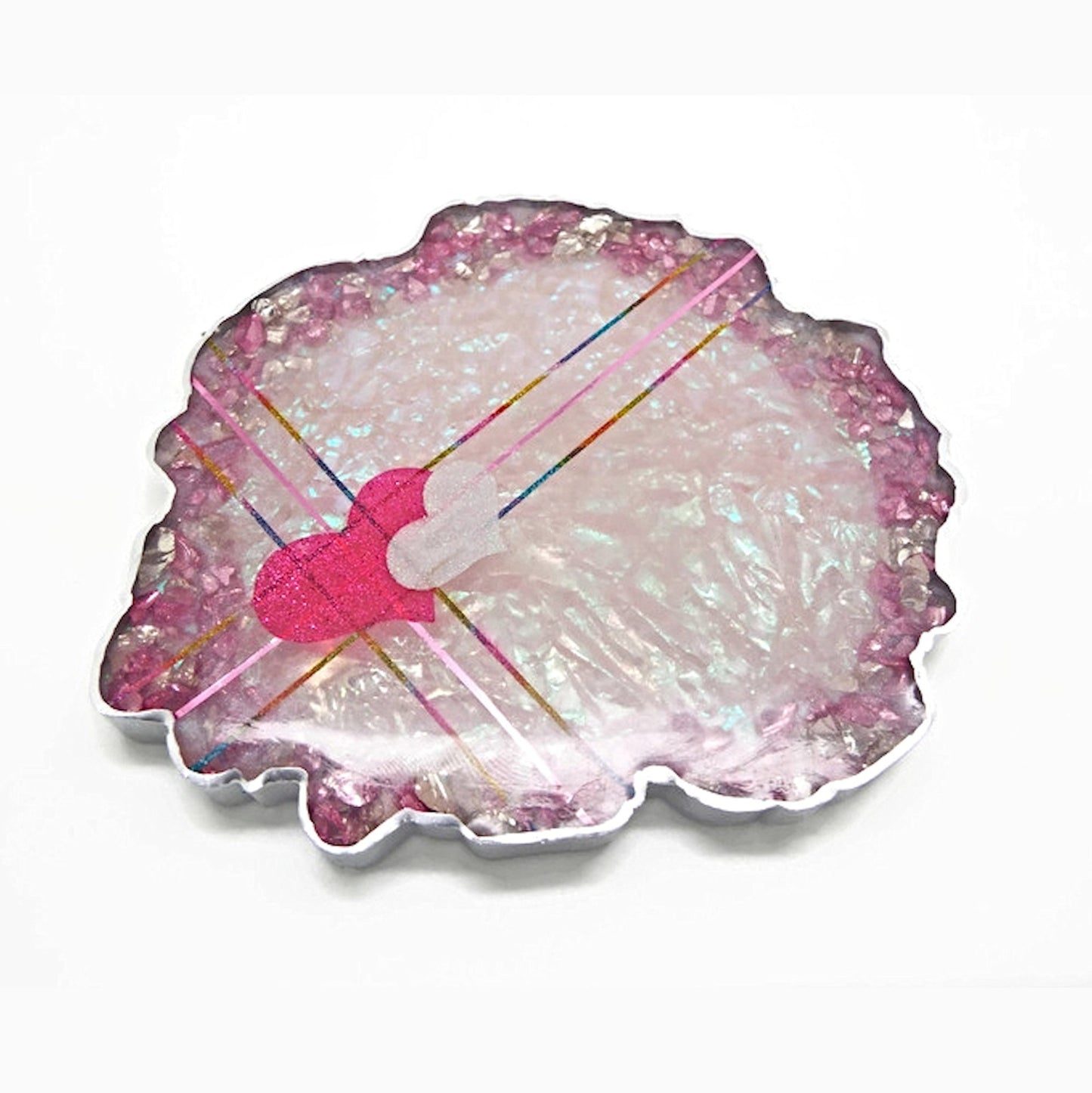 Handmade Pink Resin Coaster with Heart Decoration in Pink & Silver, Geode Shape with Glass Chips