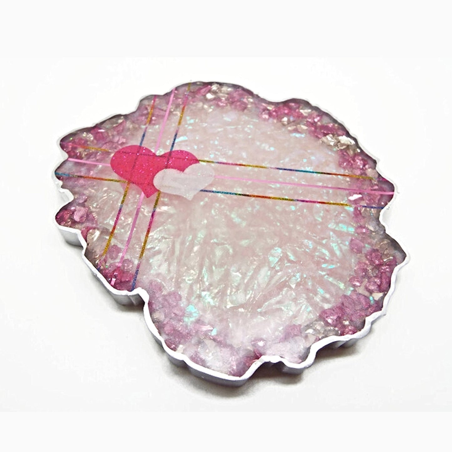 Handmade Pink Resin Coaster with Heart Decoration in Pink & Silver, Geode Shape with Glass Chips