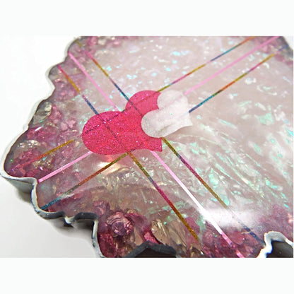 Handmade Pink Resin Coaster with Heart Decoration in Pink & Silver, Geode Shape with Glass Chips