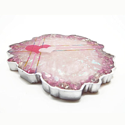 Handmade Pink Resin Coaster with Heart Decoration in Pink & Silver, Geode Shape with Glass Chips