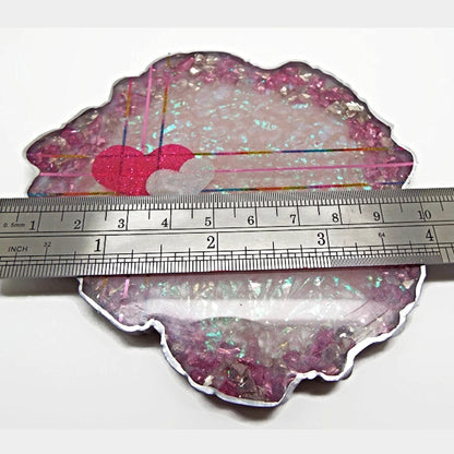 Handmade Pink Resin Coaster with Heart Decoration in Pink & Silver, Geode Shape with Glass Chips