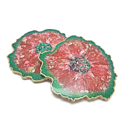 Set of 2 Handmade Coasters in Watermelon Colours with Chameleon Glitter