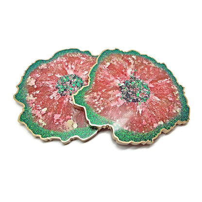 Set of 2 Handmade Coasters in Watermelon Colours with Chameleon Glitter