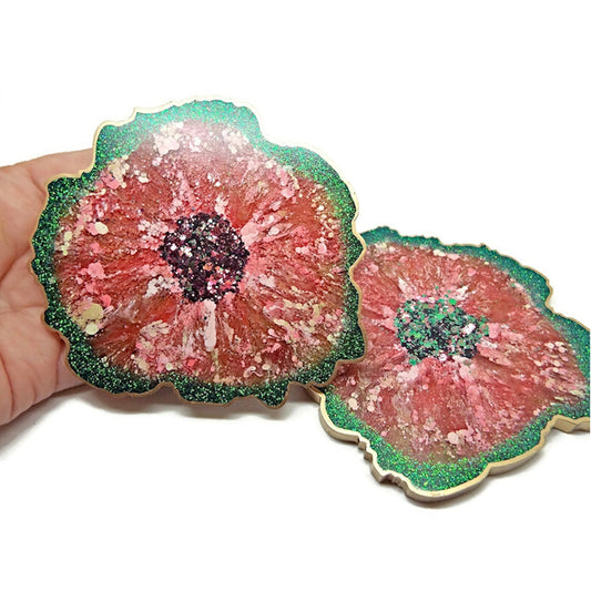 Set of 2 Handmade Coasters in Watermelon Colours with Chameleon Glitter