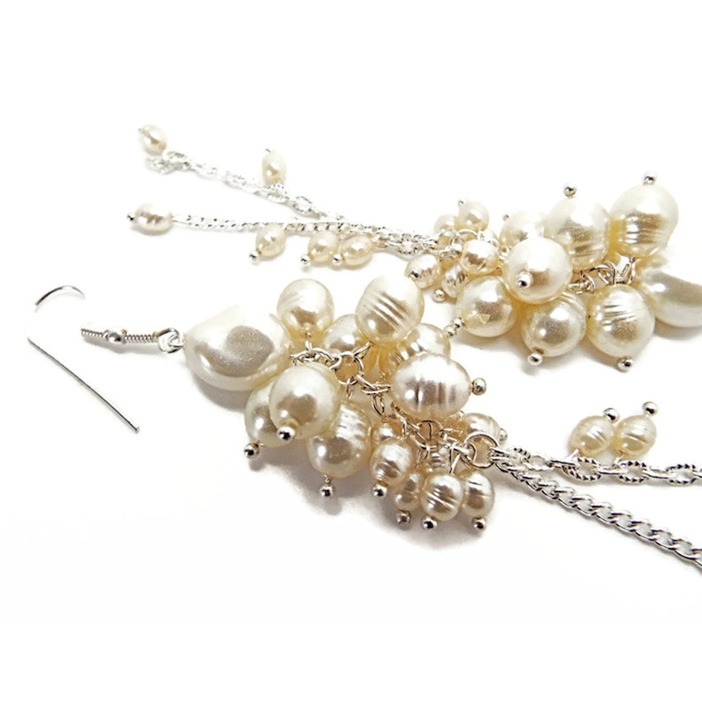 Faux Pearl Handmade Dangle Earrings, Cream with Silver Plated Findings, 13cm Long