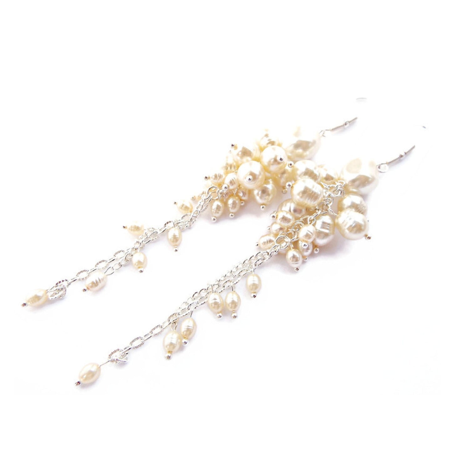 Faux Pearl Handmade Dangle Earrings, Cream with Silver Plated Findings, 13cm Long