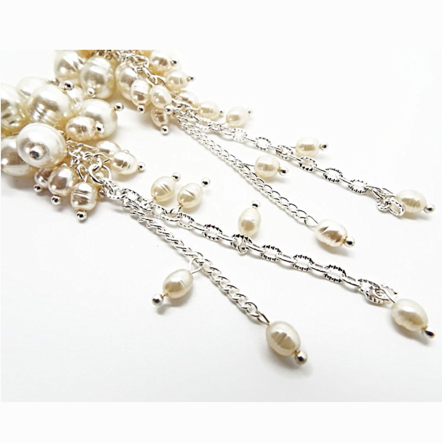 Faux Pearl Handmade Dangle Earrings, Cream with Silver Plated Findings, 13cm Long