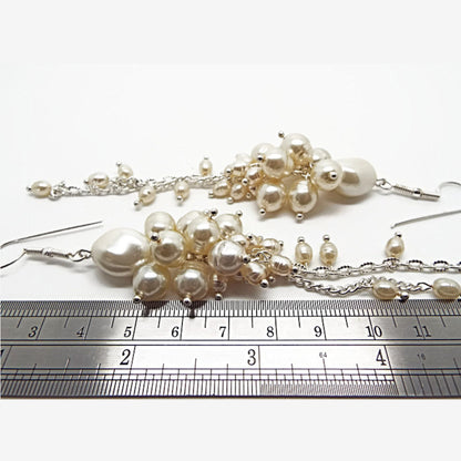 Faux Pearl Handmade Dangle Earrings, Cream with Silver Plated Findings, 13cm Long