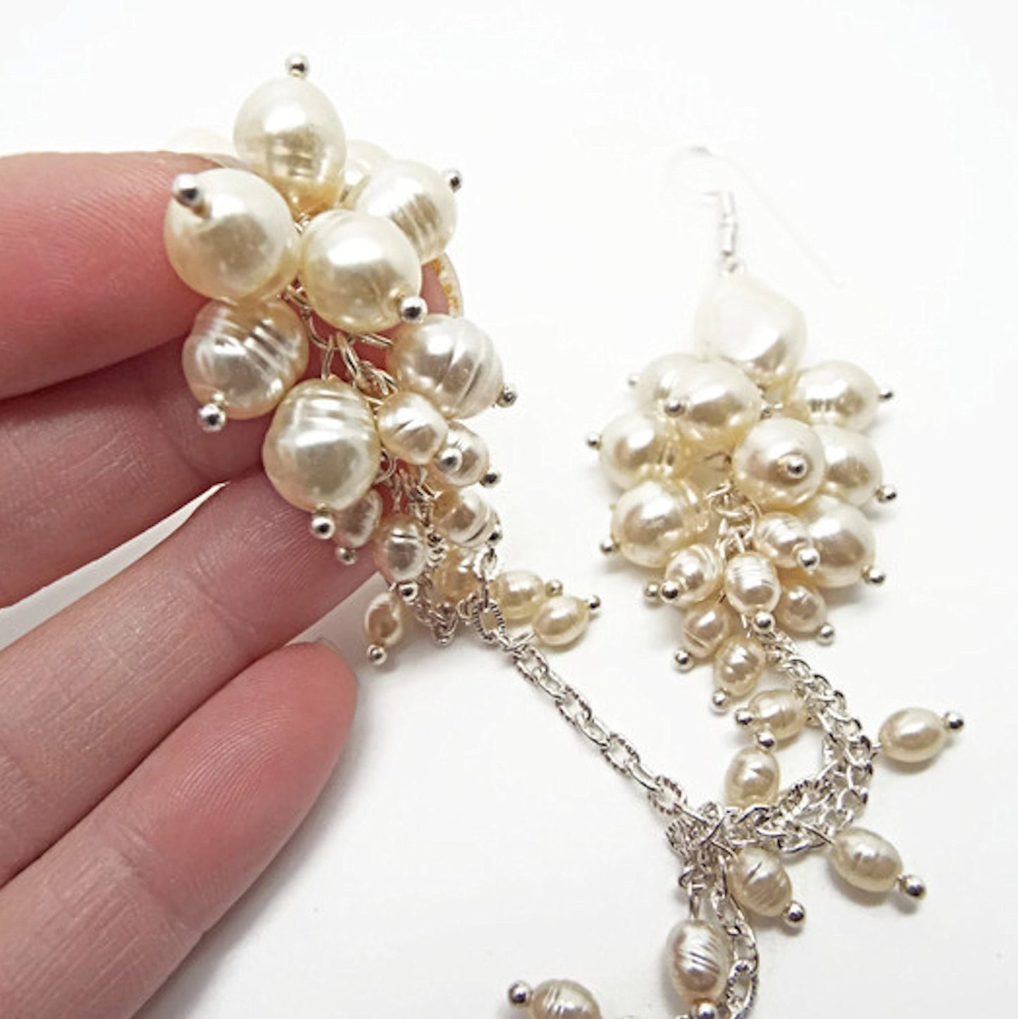 Faux Pearl Handmade Dangle Earrings, Cream with Silver Plated Findings, 13cm Long